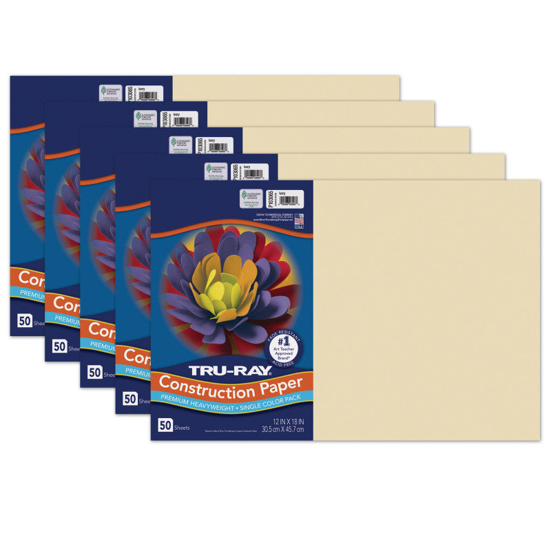 TRU-RAY - Fade-Resistant Construction Paper, Ivory, 12" x 18", 50 Sheets Per Pack, 5 Packs