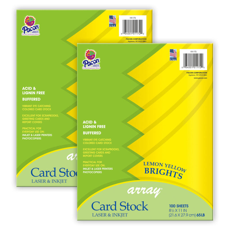 PACON - Card Stock, Lemon Yellow, 8-1/2" x 11", 100 Sheets Per Pack, 2 Packs