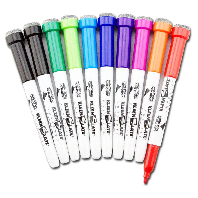 KLEENSLATE - Dry Erase Student Markers with Erasers, Fine Point, Assorted Colors, Pack of 10