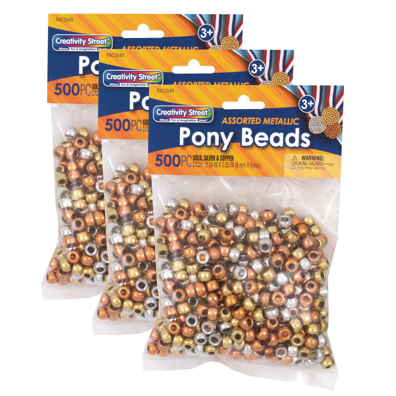 CREATIVITY STREET - Pony Beads, Gold, Silver & Copper, 6 mm x 9 mm, 500 Per Pack, 3 Packs