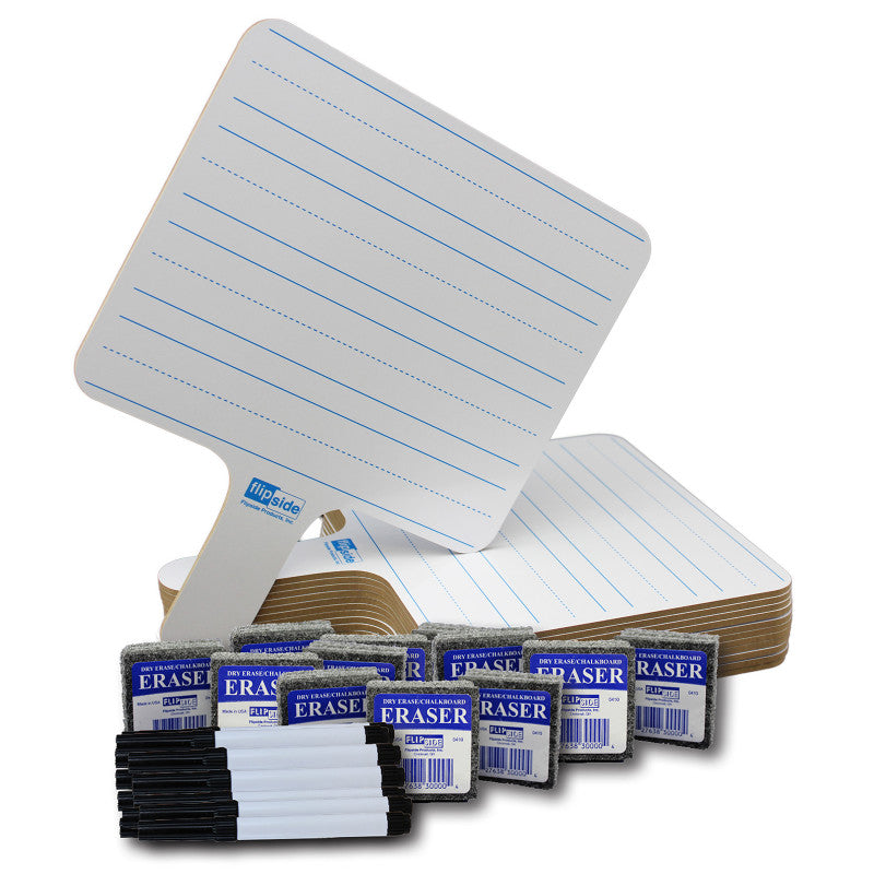 FLIPSIDE PRODUCTS - Two-Sided Rectangular Dry Erase Writing Paddles, Pens, and Erasers, Class Pack of 12