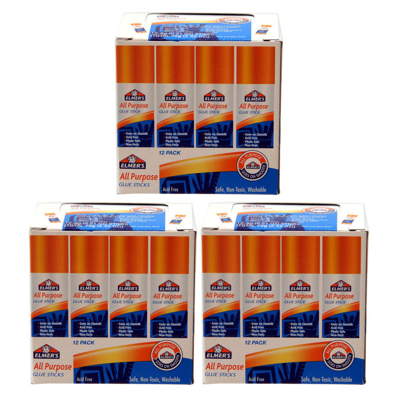 ELMER'S - All Purpose Glue Stick, 0.21 oz, 12 Per Pack, 3 Packs