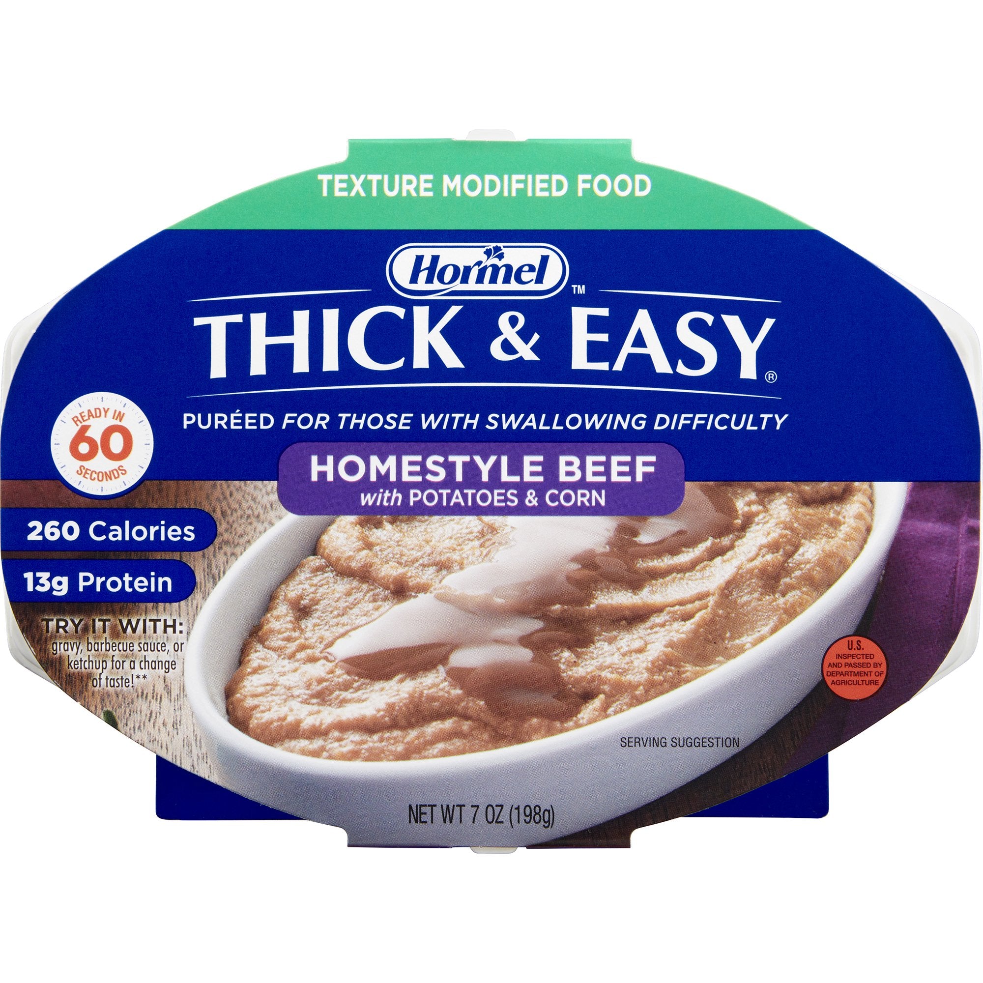 Hormel Food Sales - Thickened Food Thick & Easy® Purees 7 oz. Tray Beef with Potatoes / Corn Flavor Puree IDDSI Level 2 Mildly Thick [7/CS]