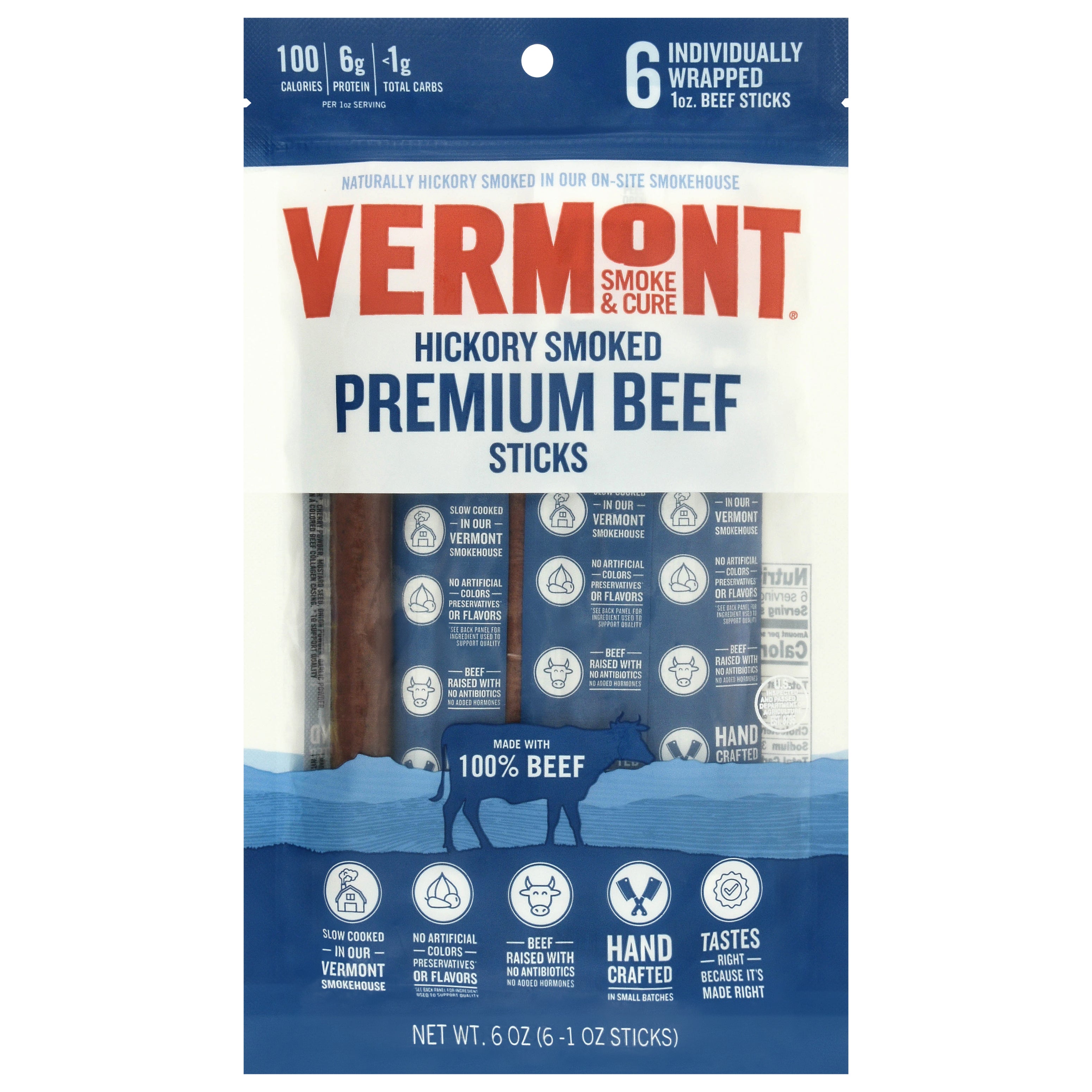 Vermont Hickory Smoked Premium Beef Sticks 6 - 1 oz Sticks - Case of 10