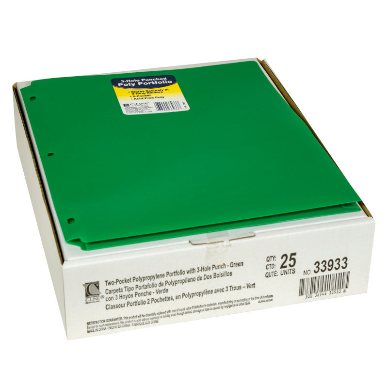 C-LINE - Two-Pocket Heavyweight Poly Portfolio Folder with Three-Hole Punch, Green, Pack of 25