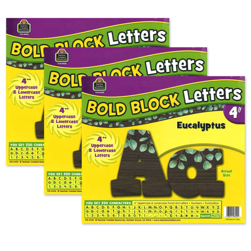 TEACHER CREATED RESOURCES - Eucalyptus 4" Bold Block Letters Combo Pack, 230 Per Pack, 3 Packs