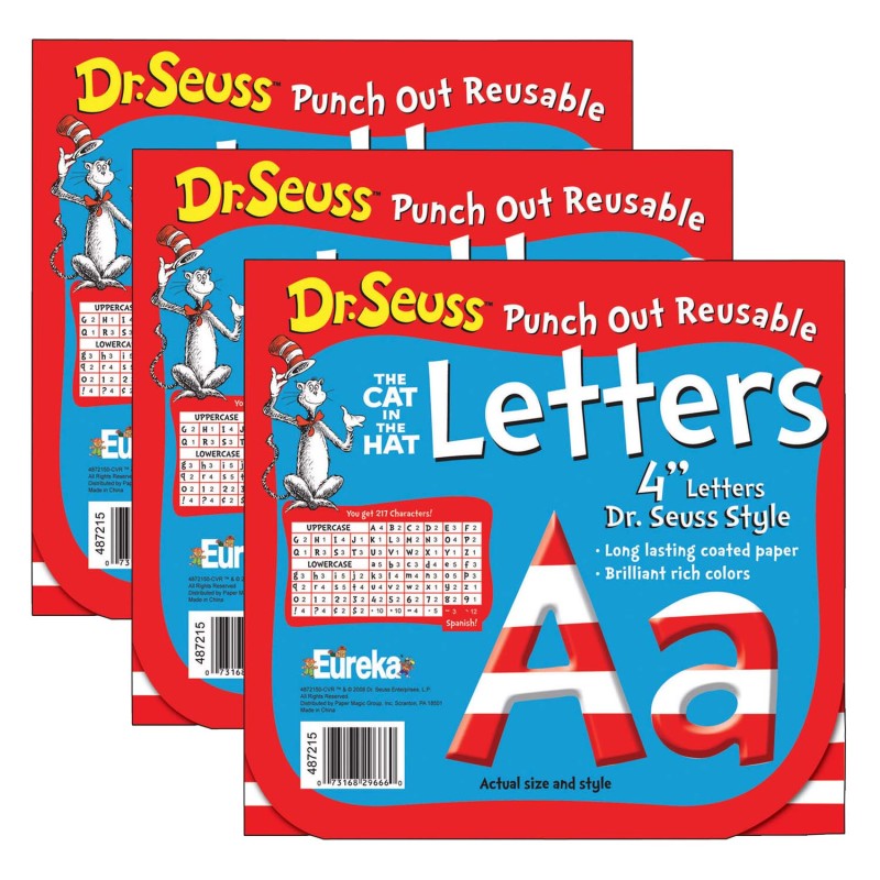 EUREKA - Dr. Seuss™ Stripes Reusable Punch Out Deco Letters, 4", 217 Pieces Per Pack, 3 Packs