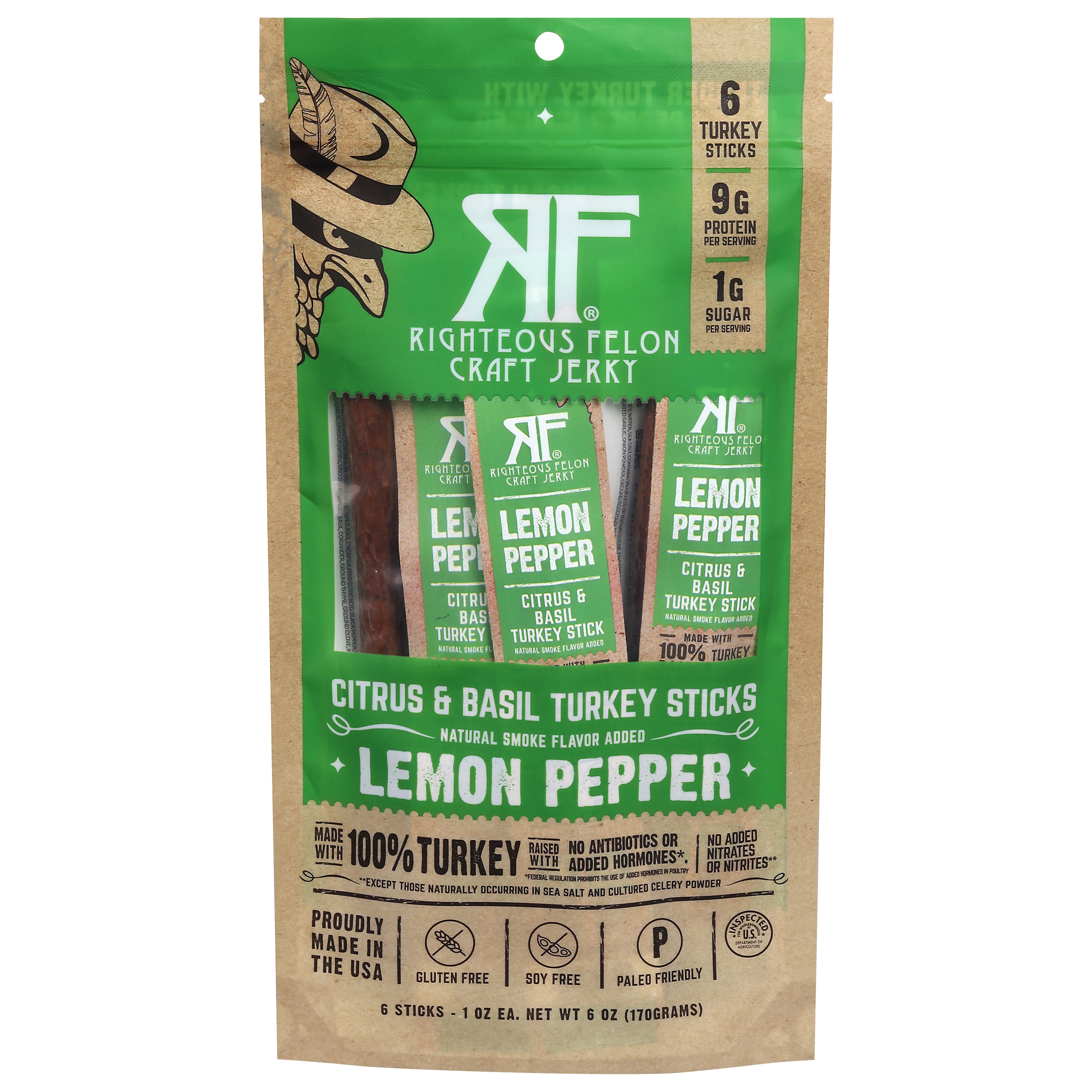 Righteous Felon Citrus & Basil Lemon Pepper Turkey Sticks 6 - 1 oz Sticks - Case of 8