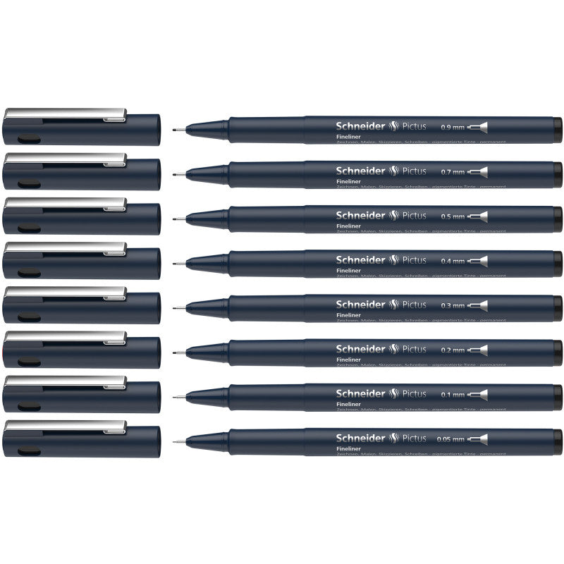 SCHNEIDER - Pictus Fineliners, Wallet, 8 Pieces, Black Ink, Assorted Sizes