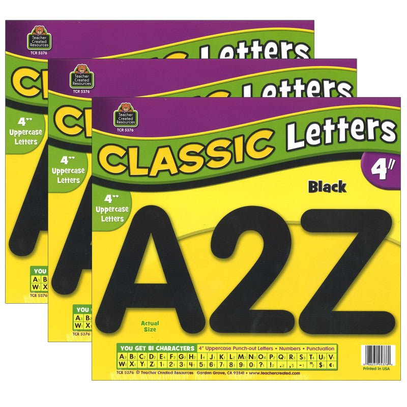 TEACHER CREATED RESOURCES - Black Classic Font 4" Letters Uppercase Pack, 81 Pieces Per Pack, 3 Packs