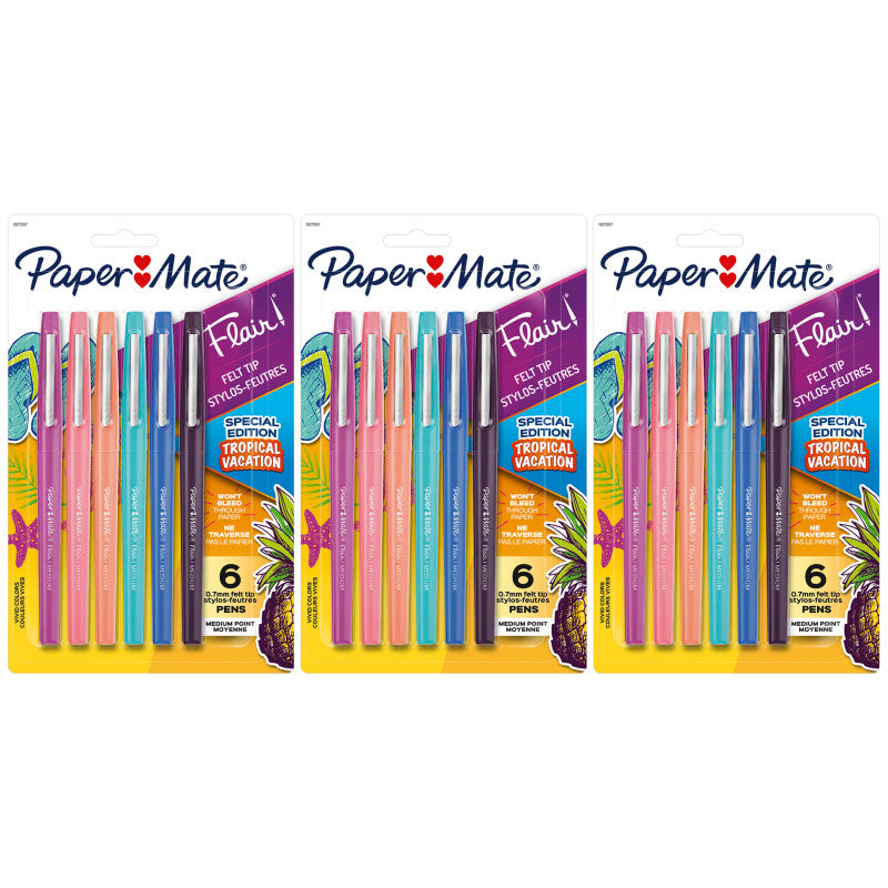 PAPER MATE - Flair Felt Tip Pens, Medium Point (0.7mm), Tropical Colors, 6 Per Pack, 3 Packs
