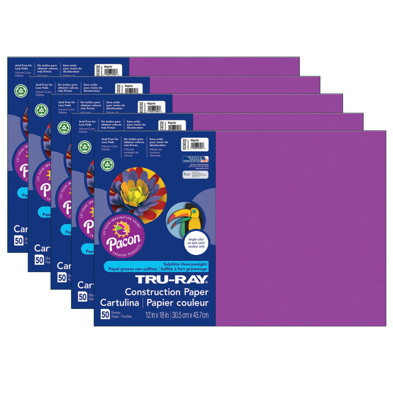 TRU-RAY - Construction Paper, Magenta, 12" x 18", 50 Sheets Per Pack, 5 Packs