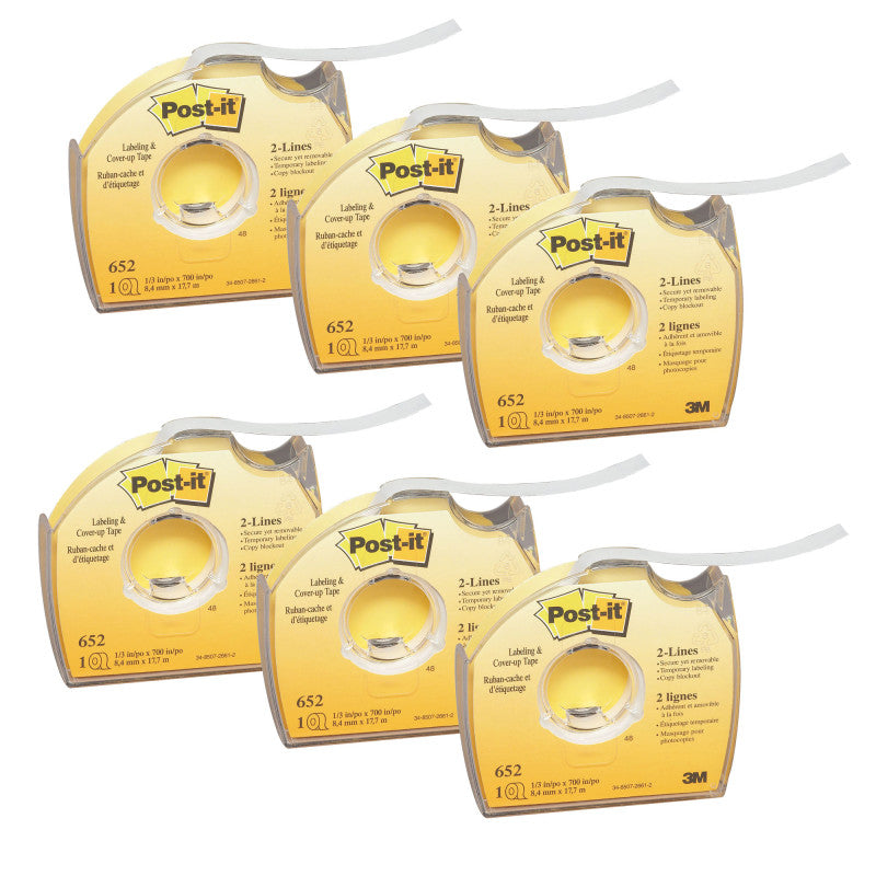 POST-IT - Labeling & Cover-Up Tape Roll, 2-Lines, White, 1/3" x 700", Pack of 6