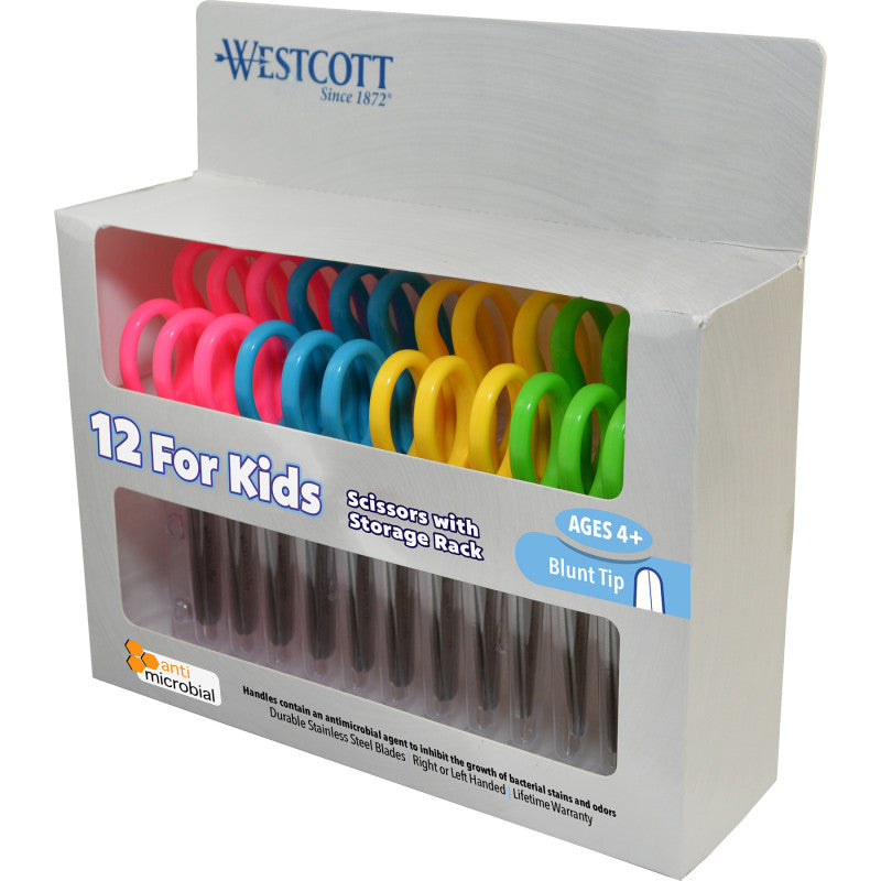 WESTCOTT - Kids Blunt 5" Scissors with Storage Rack, Assorted Colors, Set of 12