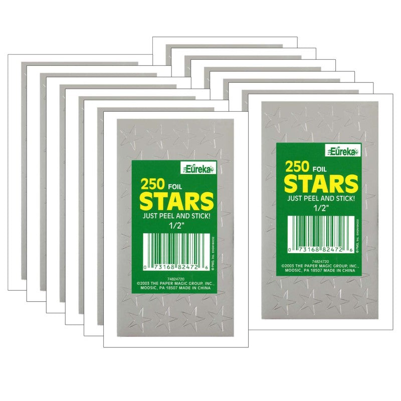 EUREKA - Presto-Stick Foil Star Stickers, 1/2", Silver, 250 Per Pack, 12 Packs