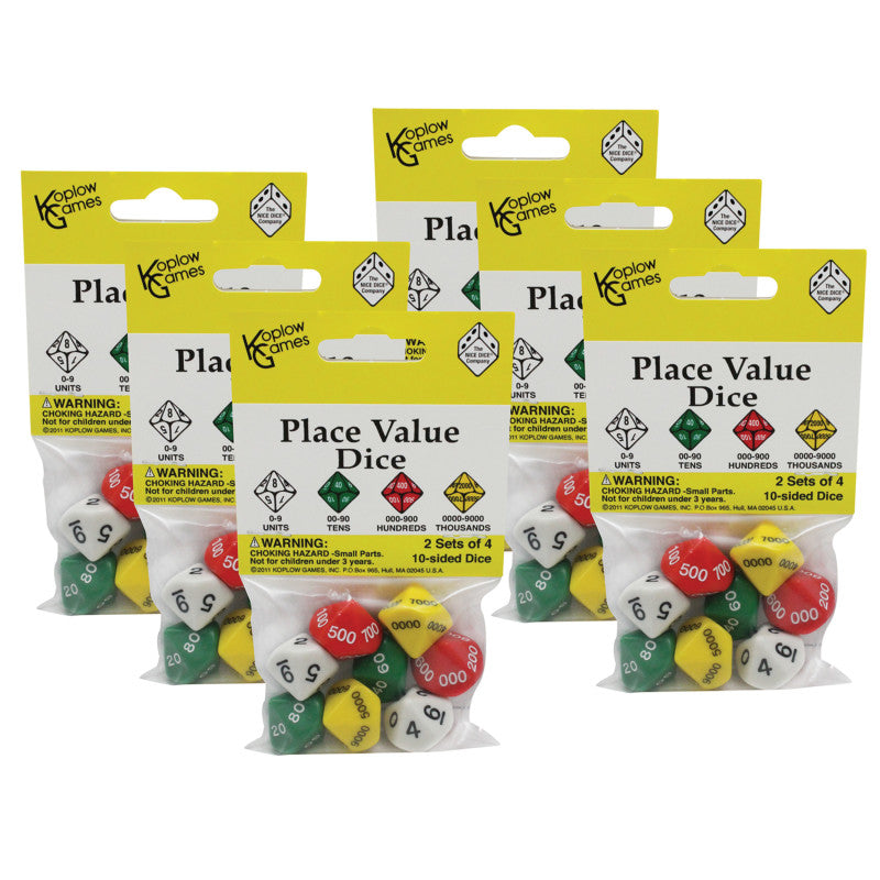 KOPLOW GAMES - Place Value Dice, 2 Sets of 4 10-Sided Dice Per Pack, 6 Packs