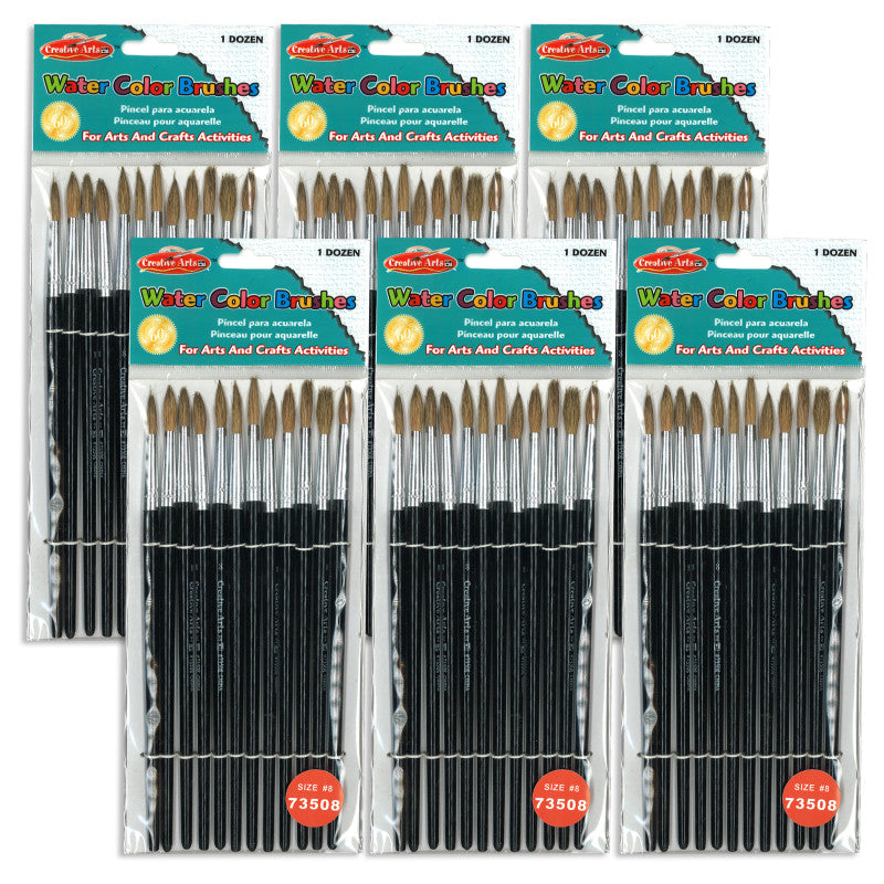 CHARLES LEONARD - Water Color Paint Brushes with Round Pointed Tip, # 8, 0.81 Inch, Camel Hair, Black Handle, 12 Per Pack, 6 Packs