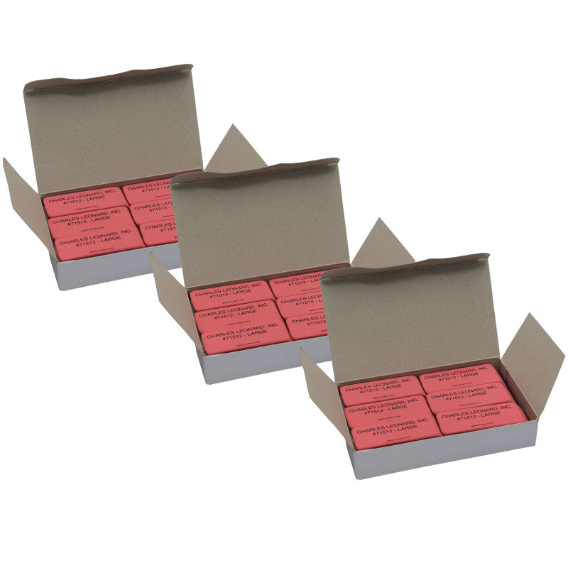 CHARLES LEONARD - Large Natural Rubber Pink Wedge Erasers, 12 Per Box, 3 Boxes