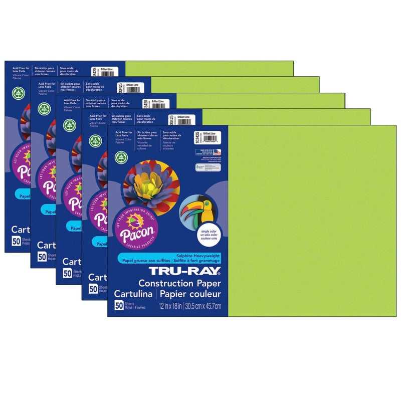 TRU-RAY - Construction Paper, Brilliant Lime, 12" x 18", 50 Sheets Per Pack, 5 Packs
