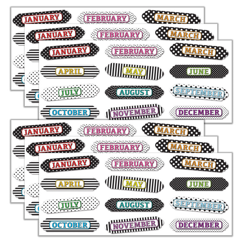 ASHLEY PRODUCTIONS - Magnetic Die-Cut Timesavers & Labels, Months of the Year, Black and White Assorted Patterns, 12 Per Pack, 6 Packs