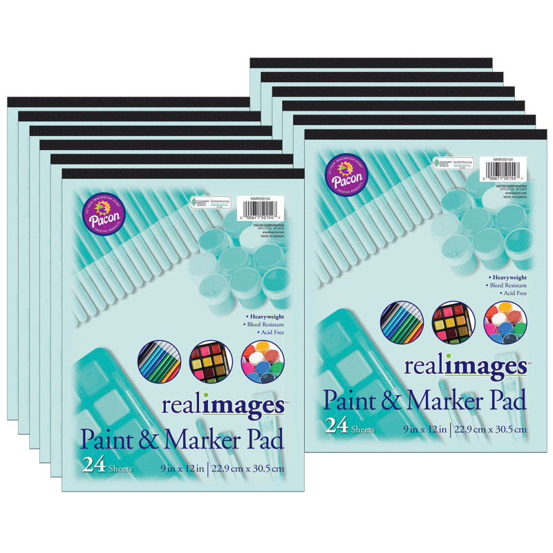 REAL IMAGES - Paint & Marker Pad, Heavyweight, 9" x 12", 24 Sheets, Pack of 12
