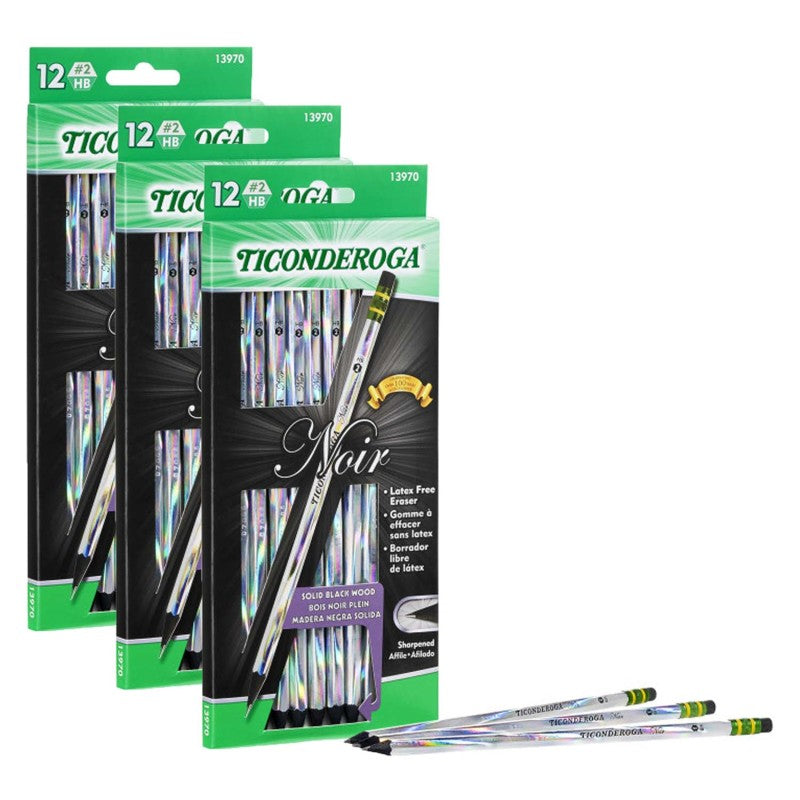 TICONDEROGA - Noir Pencils, Holographic Foil on Black Wood, #2 Soft, Presharpened, 12 Per Pack, 3 Packs