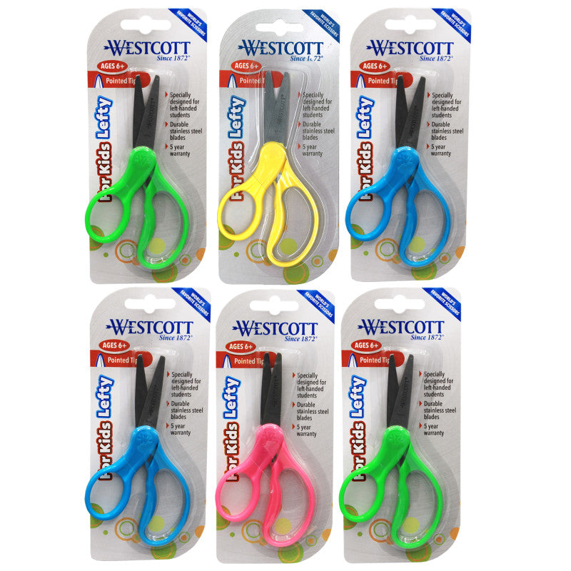 WESTCOTT - School Left-Handed Kids Scissors, Assorted Colors, 5" Pointed, Pack of 6