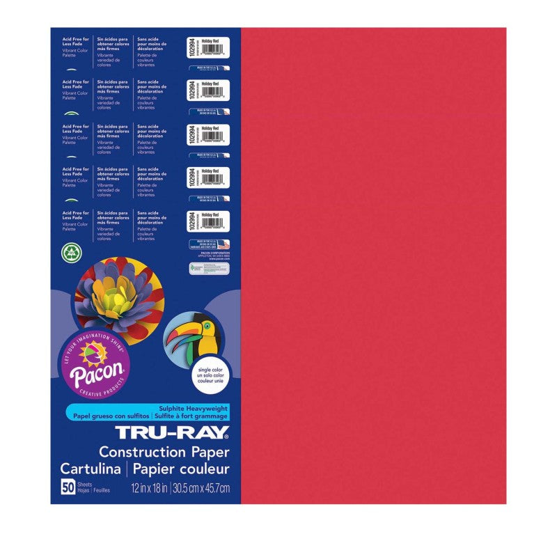 TRU-RAY - Construction Paper, Holiday Red, 12" x 18", 50 Sheets Per Pack, 5 Packs (PAC102994-5)
