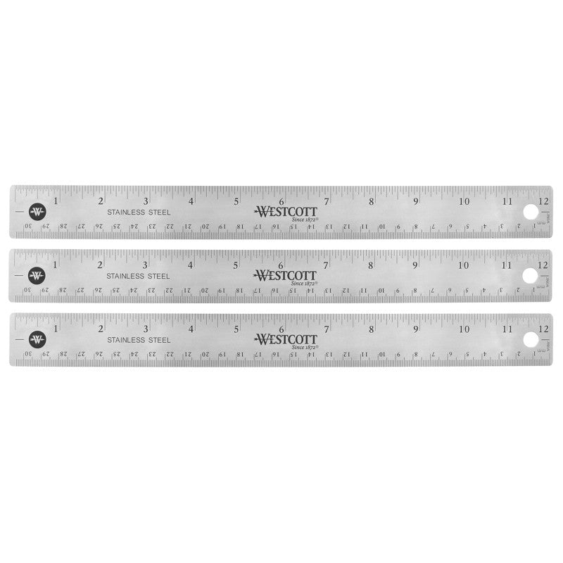 WESTCOTT - 12" Stainless Steel Office Ruler With Non Slip Cork Base, Pack of 3