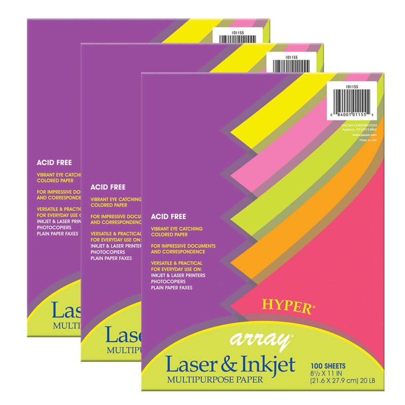 PACON - Hyper Multi-Purpose Paper, 5 Assorted Colors, 20 lb., 8-1/2" x 11", 100 Sheets Per Pack, 3 Packs