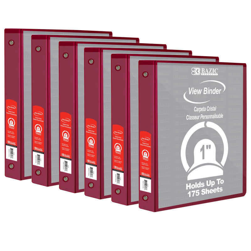 BAZIC PRODUCTS - 3-Ring View Binder with 2 Pockets, 1", Burgundy, Pack of 6