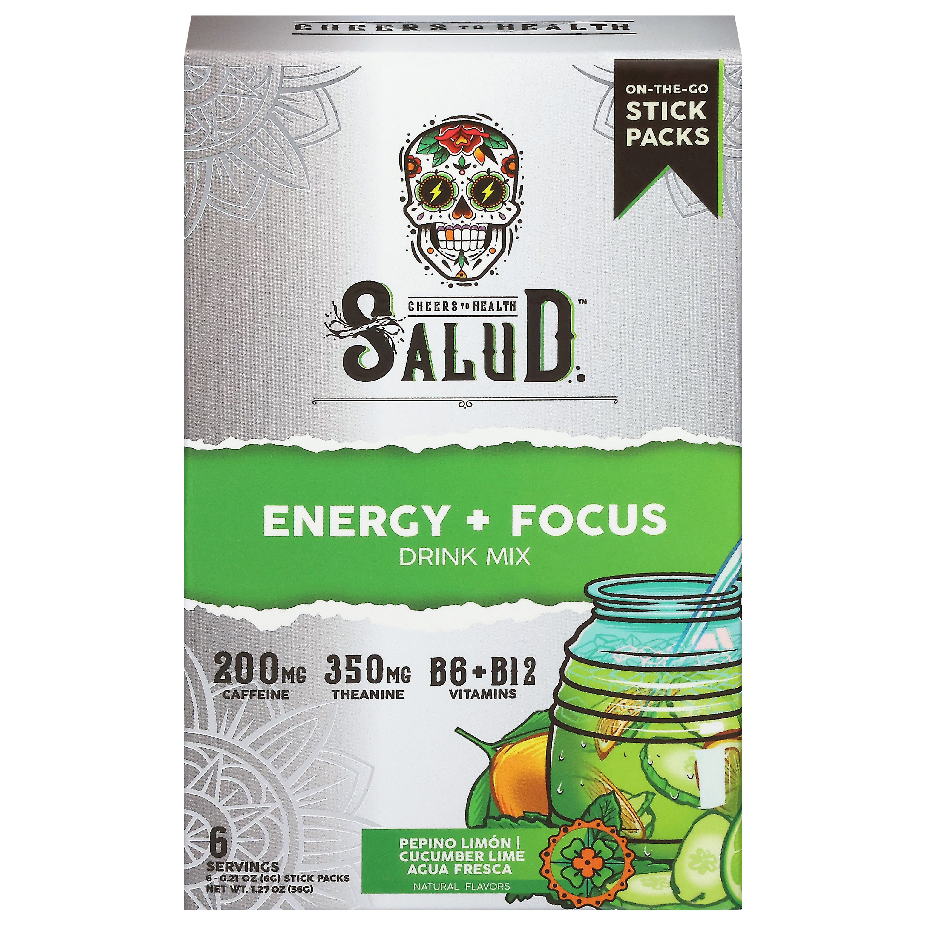 Salud Energy + Focus Cucumber Lime Agua Fresca Drink Mix 6 - 0.21 oz Stick Packs - Case of 12