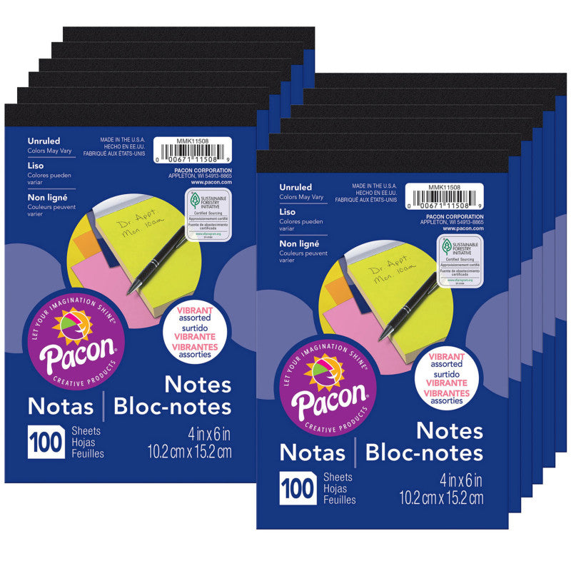 PACON - Note Pad, 5 Vibrant Assorted Colors, 4" x 6", 100 Sheets, Pack of 12