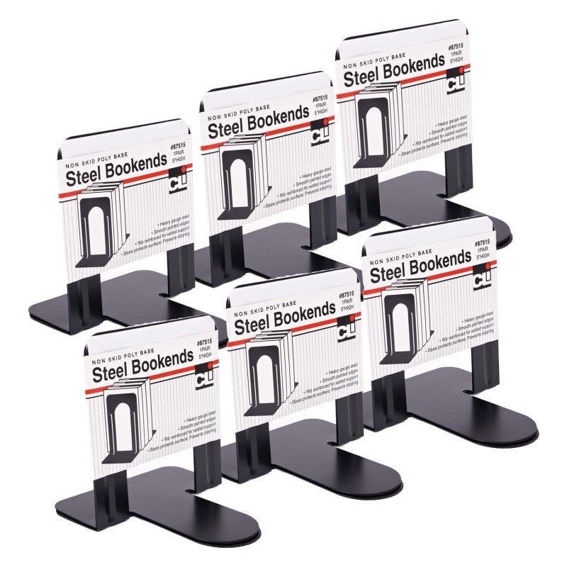 CHARLES LEONARD - Metal Bookends, 5" Height, Black, 2 Per Set, 6 Sets