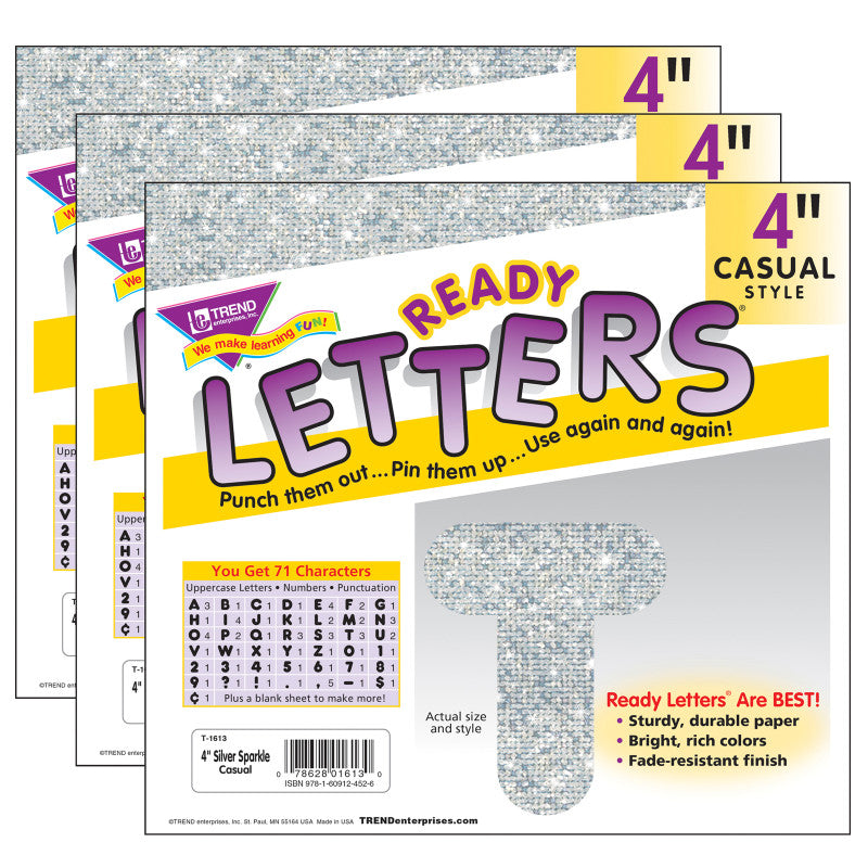 TREND - Silver Sparkle 4" Casual Uppercase Ready Letters®, 71 Per Pack, 3 Packs