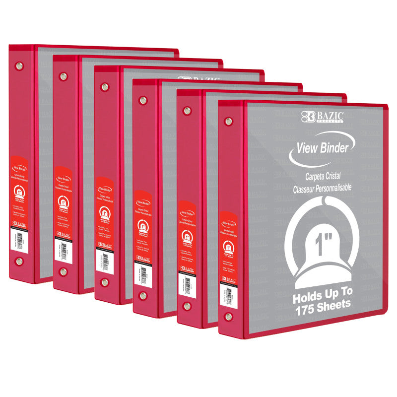 BAZIC PRODUCTS - 3-Ring View Binder with 2 Pockets, 1", Red, Pack of 6