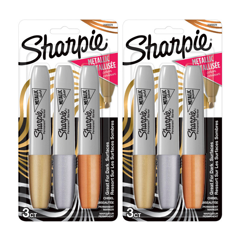 SHARPIE - Metallic Permanent Markers, Chisel Tip, Assorted Colors, 3 Per Pack, 2 Packs