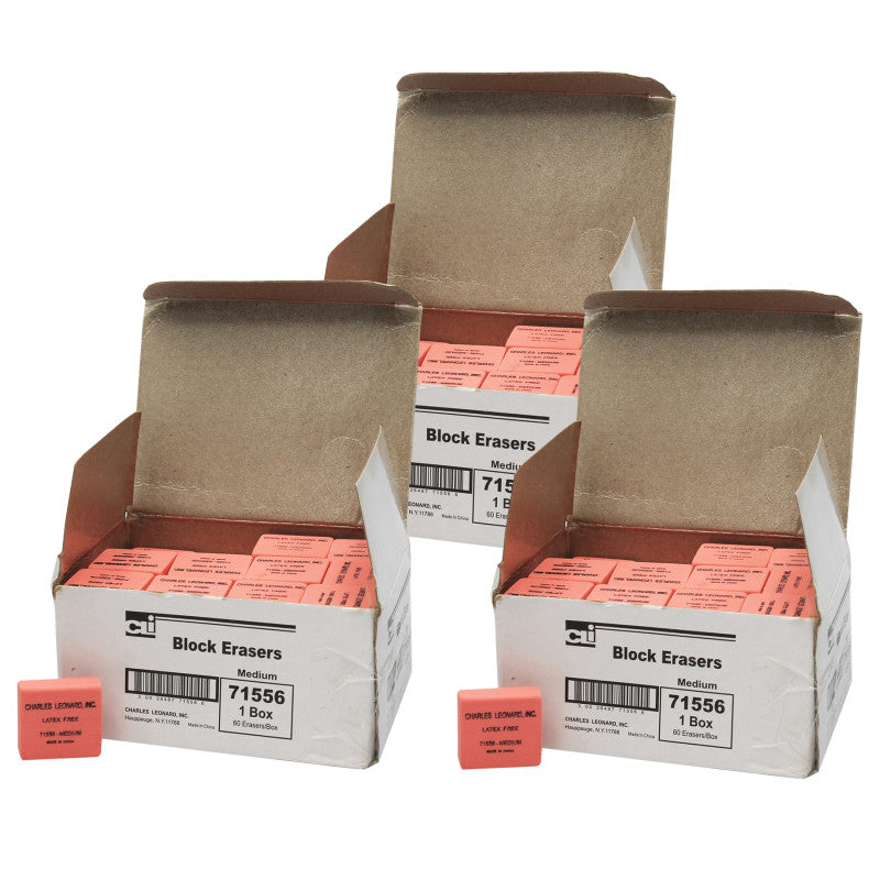 CHARLES LEONARD - Pencil Eraser - Synthetic - Latex Free - Block Shape - Medium - 60 per Box, 3 Boxes