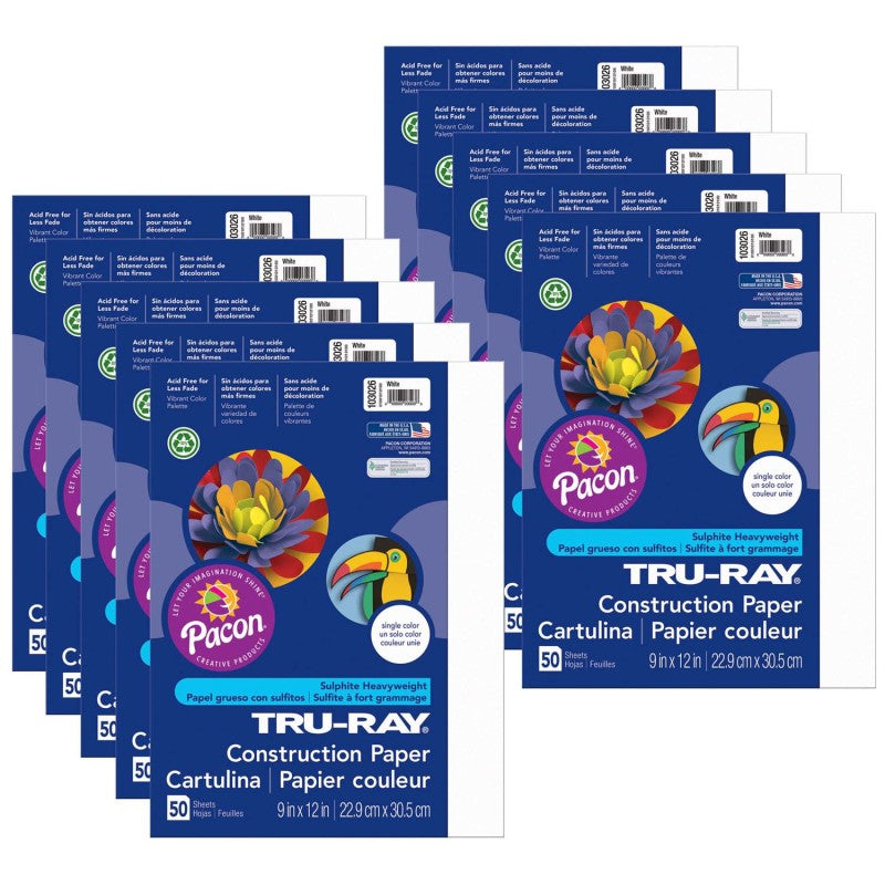 TRU-RAY - Construction Paper, White, 9" x 12", 50 Sheets Per Pack, 10 Packs (PAC103026-10)