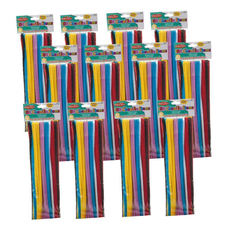 CHARLES LEONARD - Chenille Stems, Jumbo Fluffy Thick Stem, 6mm x 12", Assorted Colors, 100 Per Pack, 12 Packs