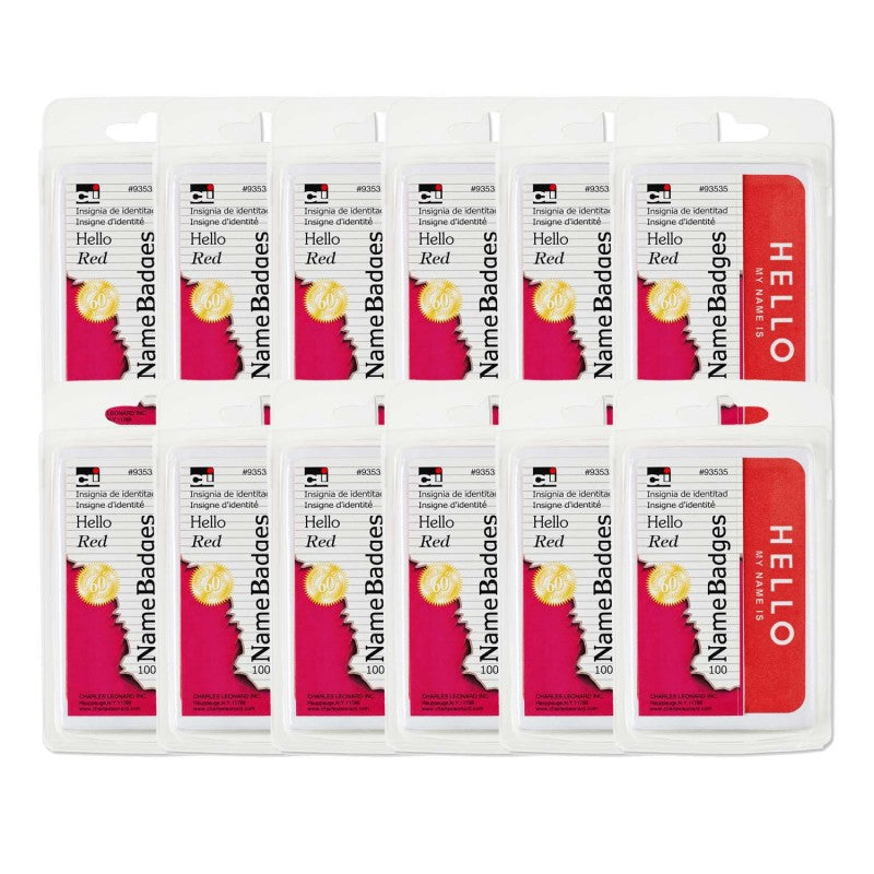 CHARLES LEONARD - Self-Adhesive Name Badges, Hello, Red, 100 Per Pack, 12 Packs