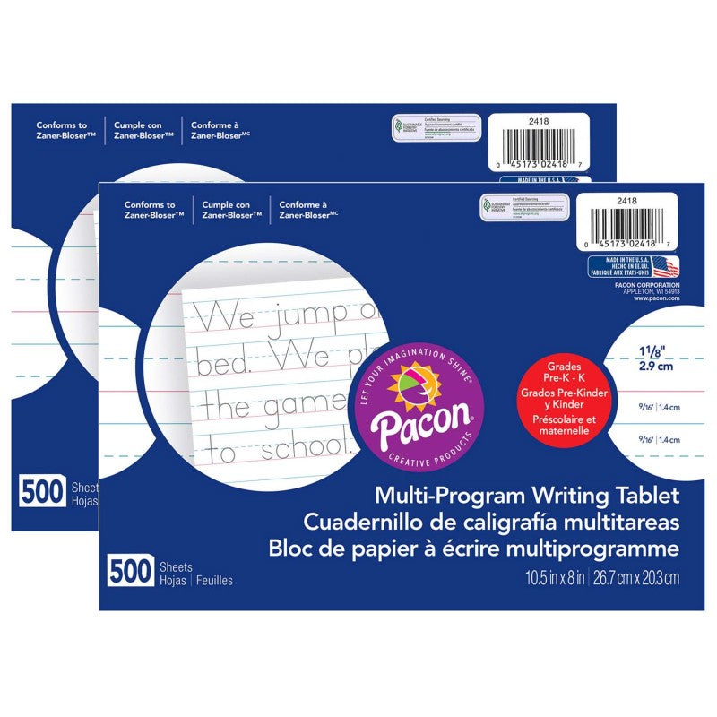 PACON - Multi-Program Handwriting Paper, 1-1/8" Ruled (Long Way), White, 10-1/2" x 8", 500 Sheets Per Pack, 2 Packs