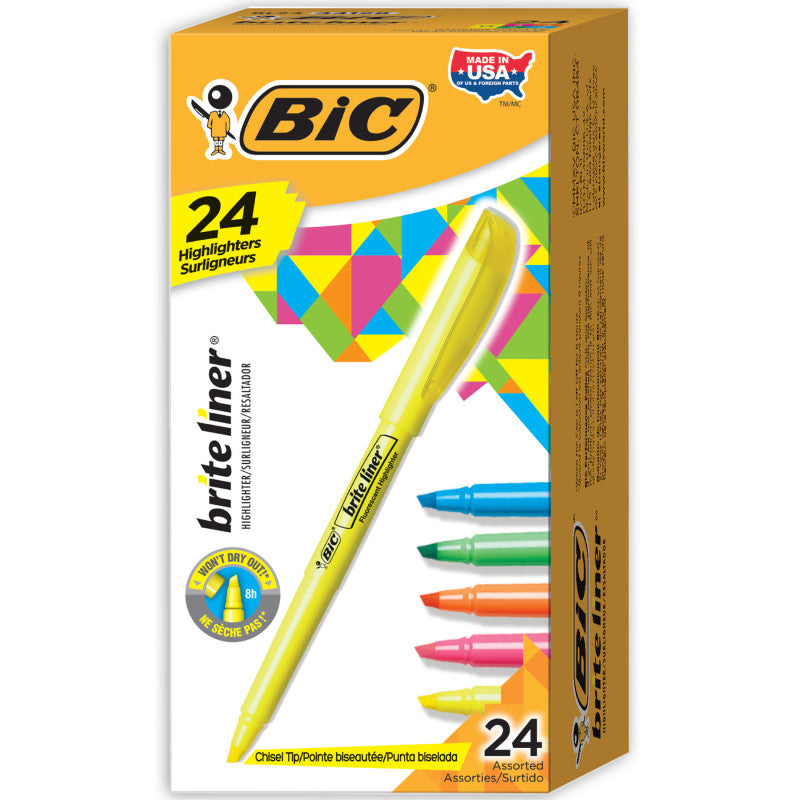 BIC - Brite Liner Highlighters Markers, Chisel Tip Super Bright Fluorescent Highlighters Assorted Colors, Won't Dry Out, 24-Count Pack