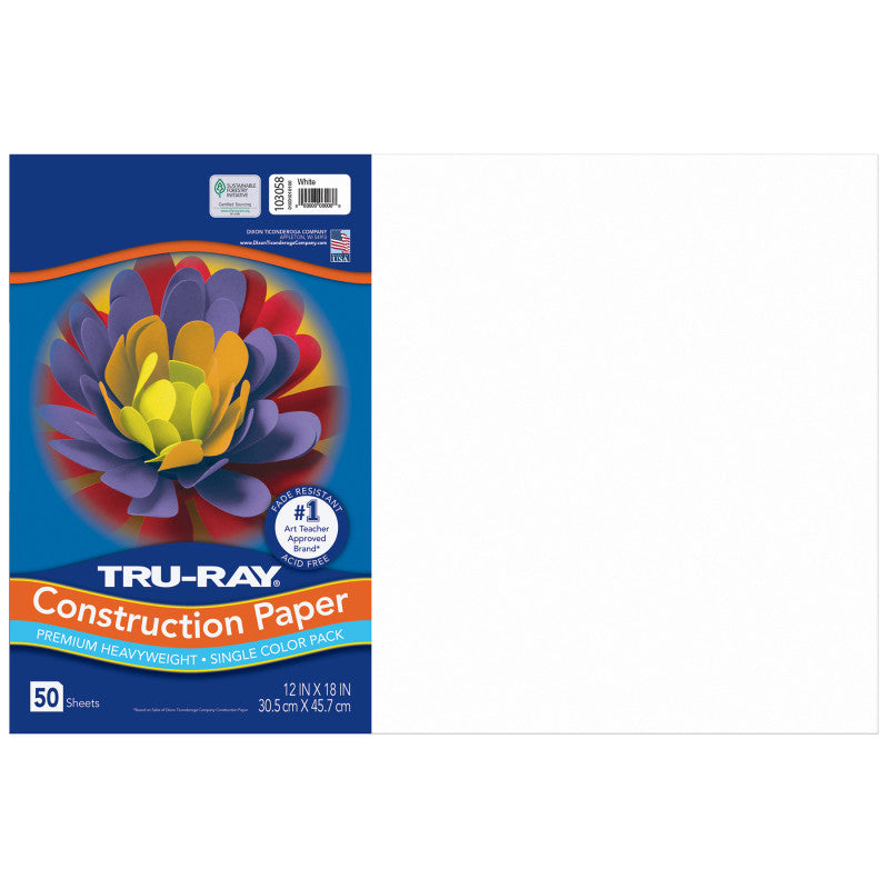Construction Paper, Heavyweight, White, 12" x 18", 50 Sheets