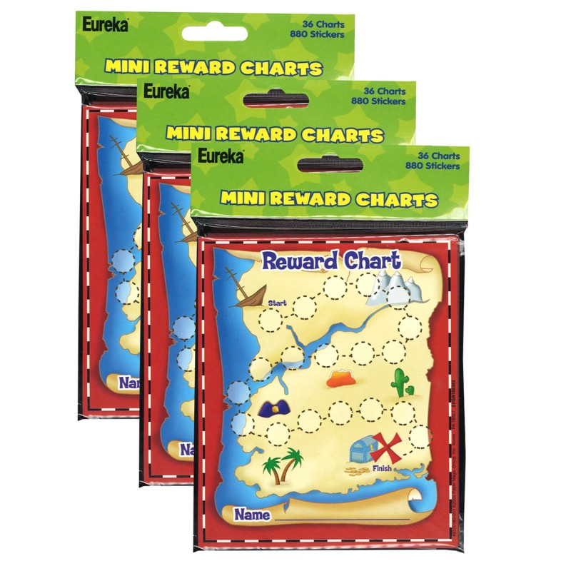 EUREKA - Treasure Hunt Mini Reward Charts with Stickers, 36 Charts Per Pack, 3 Packs