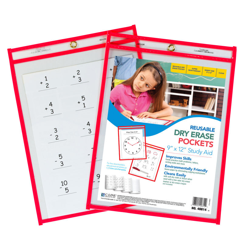 Reusable Dry Erase Pocket, Red Neon, 9" x 12", 1 Pocket
