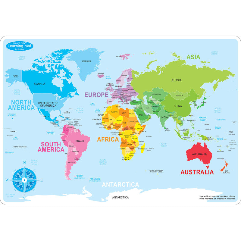 ASHLEY PRODUCTIONS - Smart Poly™ Learning Mats, 12" x 17", Double-Sided, World Basic Map, Pack of 10