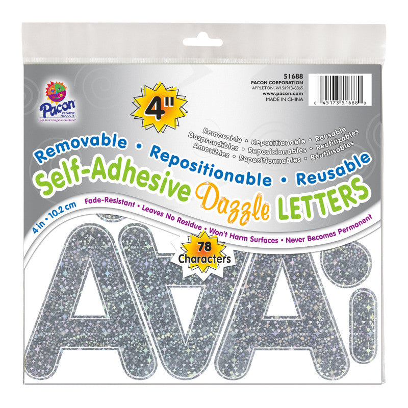 PACON - Self-Adhesive Letters, Silver Dazzle, Puffy Font, 4", 78 Characters