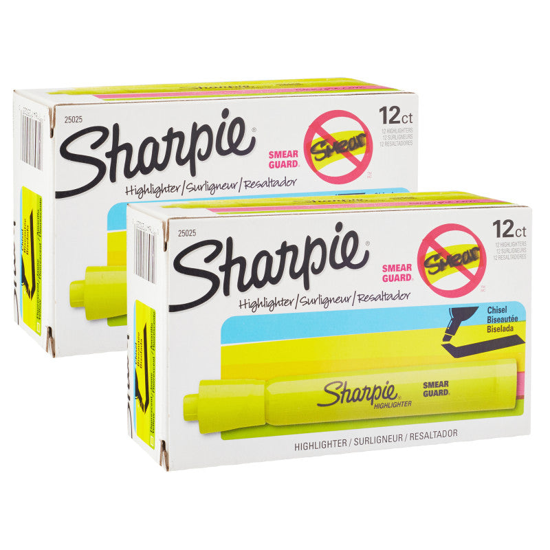 SHARPIE - Tank Style Highlighters, Chisel Tip, Fluorescent Yellow, 12 Per Pack, 2 Packs