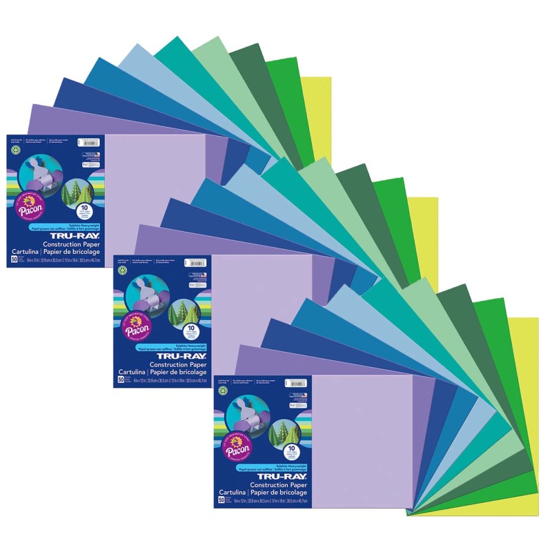 TRU-RAY - Construction Paper, Cool Assorted, 12" x 18", 50 Sheets Per Pack, 3 Packs